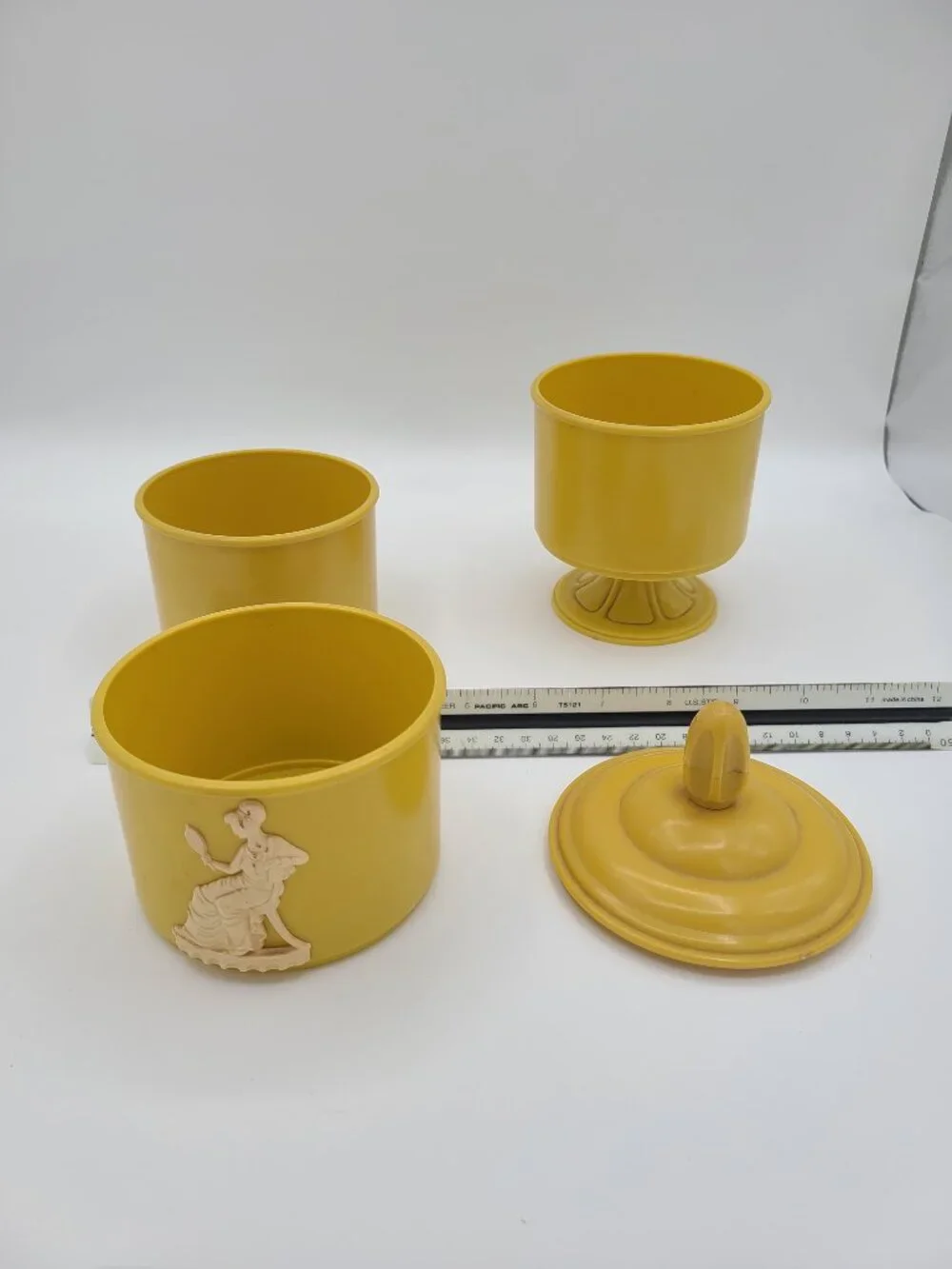 Vintage 3 Tier Yellow Powder Box Celluloid Wedgwood Jasperware Style Victorian